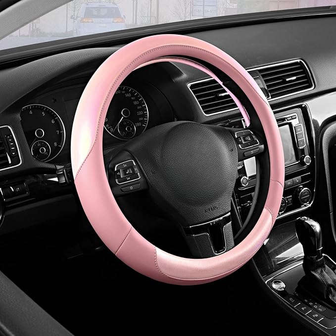 Road Comforts Steering Wheel Cover – Breathable Leather Steering Wheel Cover, Anti-Slip Grip, Universal Fit 14.5” to 15”, Heat & Cold Resistant for Cars, SUVs, and Trucks – Shining Pink & Pink