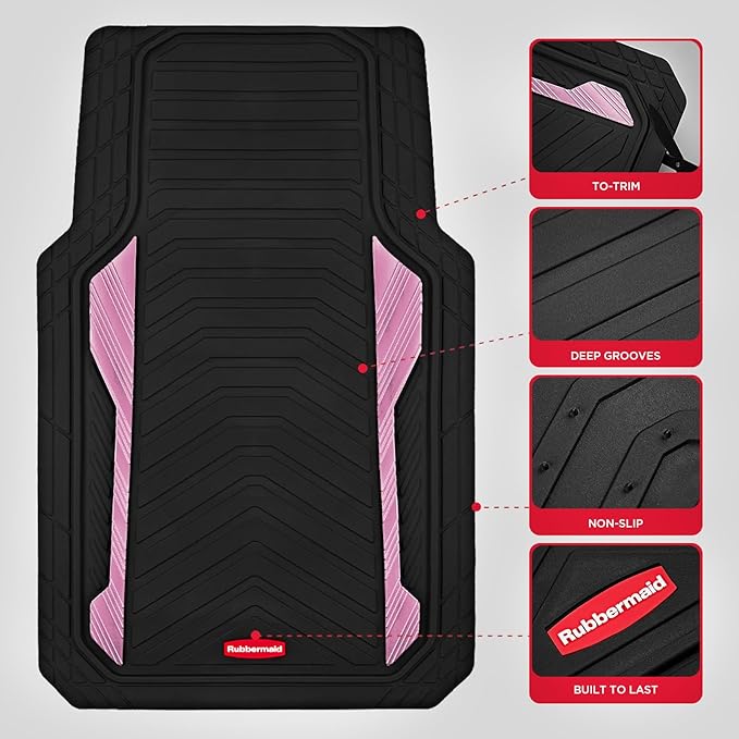 Rubbermaid Car Floor Mat, Heavy Duty All-Weather Car Mats Full Set with Dual-Tone Pink Aluminum Inserts – Universal Fit, Anti-Slip Backing, Trim-to-Fit for Most SUV, Sedan, Van