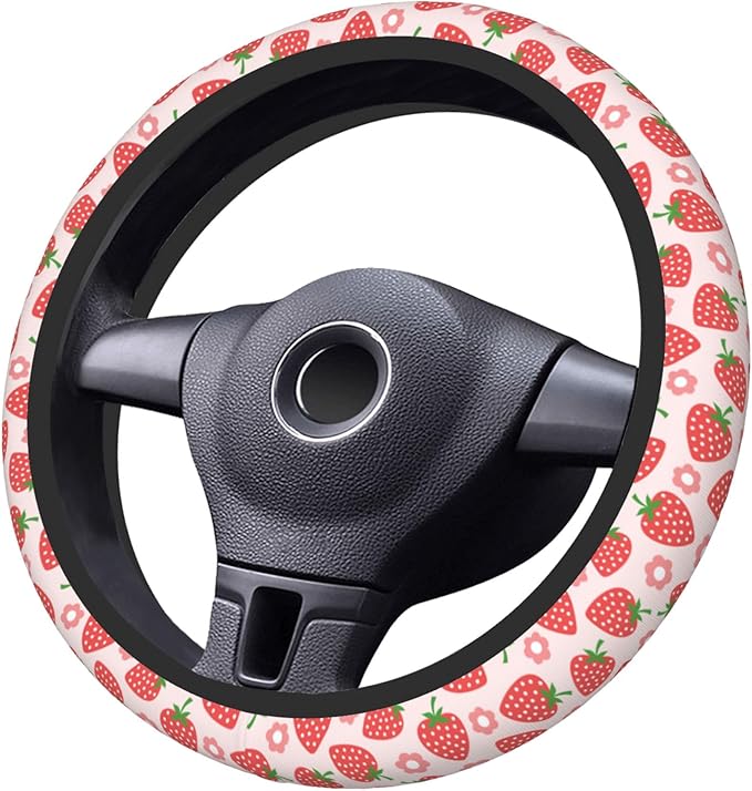 Pink Car Accessories Cute Strawberry Flower Steering Wheel Cover Women Car Steering Wheel Covers Protector Universal 15 Inch