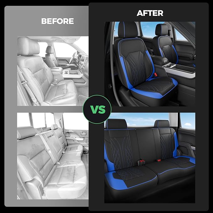 for Chevy Silverado GMC Sierra Waterproof Seat Covers, Crew Cab 1500 2014-2018, 2500HD 3500 HD 2015-2019, Truck Protectors Accessories Full Set, Black Blue