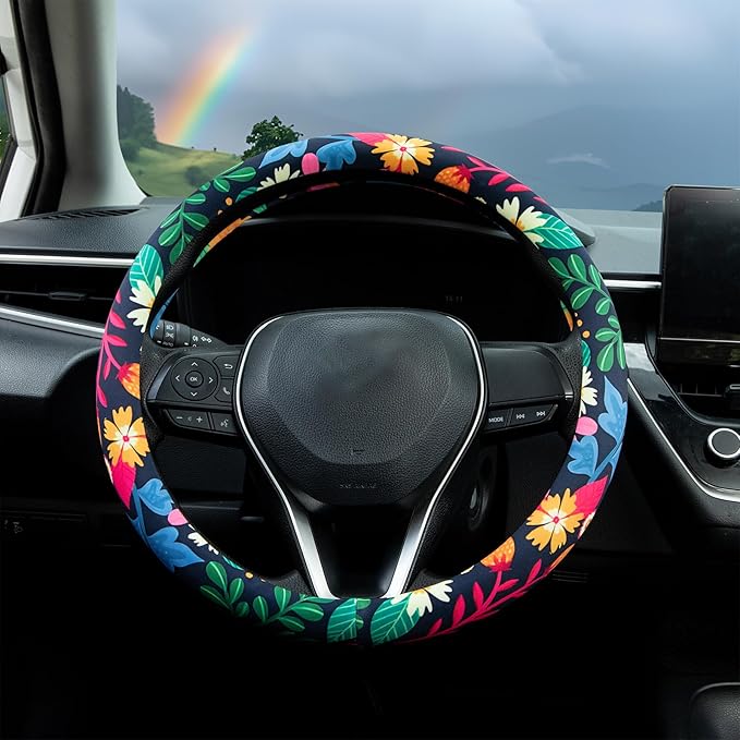 Strawberry Colorful Floral Steering Wheel Cover Auto Steering Wheel Protector, Anti-Slip, Breathable, Absorbing Sweat, Universal Floral Car Accessories 14.5–15 inch