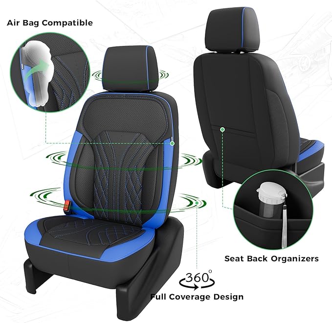 for Chevy Silverado GMC Sierra Waterproof Seat Covers, Crew Cab 1500 2014-2018, 2500HD 3500 HD 2015-2019, Truck Protectors Accessories Full Set, Black Blue