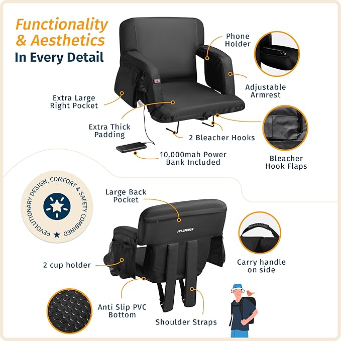 Alpcour Heated Massage Reclining Stadium Seat for Bleachers – Wide Bleacher Chair with Back Support and Cushion, Armrests, Large Pockets, and Multiple Safety Features – Best Stadium Seats Chairs