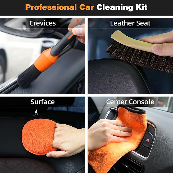 10PCS Car Detailing Brush Set Bristle Horse Hair Boars Brush with Elbow Adapter, Microfiber Wax Applicator Pads, Drying Towel and Cleaning Gel, Cleaning Kit for Car Interior & Exterior