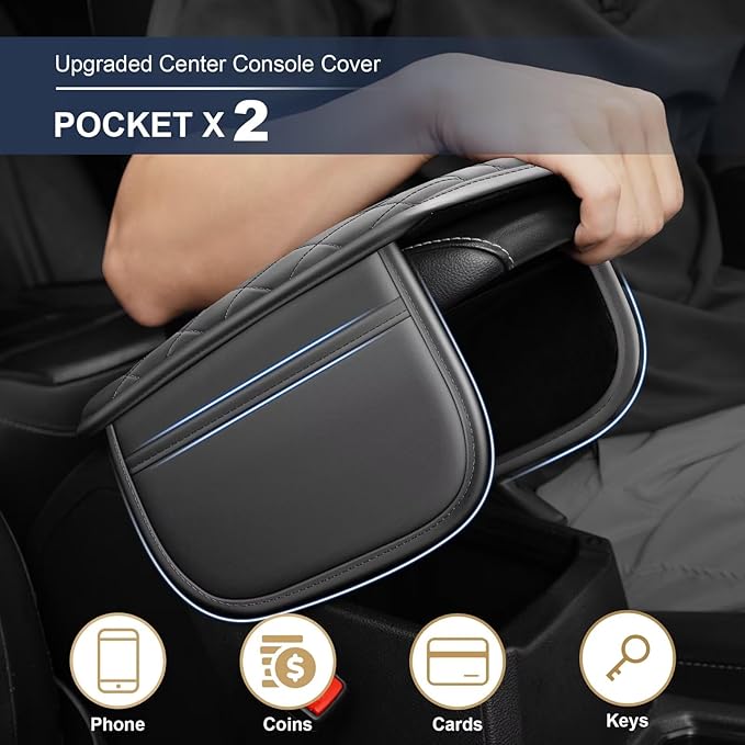 YORKNEIC Center Console Cover Fit for Ford Mustang Mach-E: Middle Console Cover with 2 Storage Pocket,Faux Leather Waterproof Anti-Scratch Car Armrest Cover Protector(Grey)