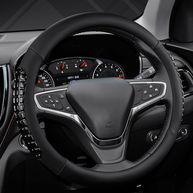 West Llama Nappa Leather Car Steering Wheel Cover Gel Massage,Cool in Summer,Universal 15 inch(Black-Standard Size)