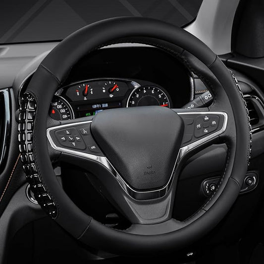 West Llama Nappa Leather Car Steering Wheel Cover Gel Massage,Cool in Summer,Universal 15 inch(Black-Standard Size)