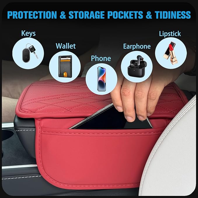 Upgraded Car Center Console Cover Microfiber Leather Armrest Cover Cushion with 2 Storage Bags&Universal Car Armrest Storage Box Universal Car Interior Accessory (2 Pockets, Red)