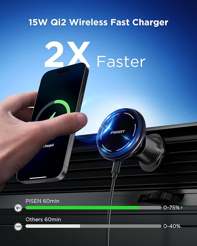 PISEN Mag-Safe Car Mount Charger - Qi2 15W Magnetic Car Phone Holder, 15W Wireless Qi2 Car Charger Mag-Safe Phone Holder, Car Vent Phone Mount Magnet Car Phone Holders for iPhone 16 15 14 13 12 Series