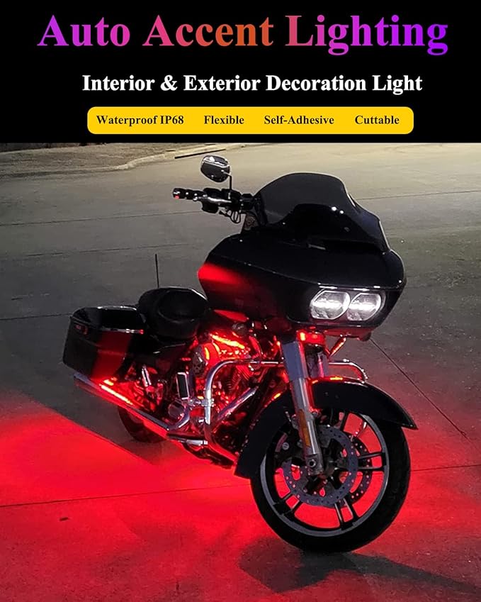 YM E-Bright Car Led Strip Lights Cuttable Underglow Led Ambient Lighting for Motorcycle Trucks Van Boat Golf Cart Interior Exterior Waterproof IP68 24inch 60CM 72SMD 12v,Red(Pack of 4)