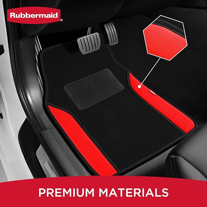 Rubbermaid Car Mats, Carpeted Floor Car Mat with Faux Leather & Built-in Heel Pad, Two-Tone Car Rug Floor Mats, Stylish Carpeted Floor Mats for Cars, Trucks & SUVs Red Color