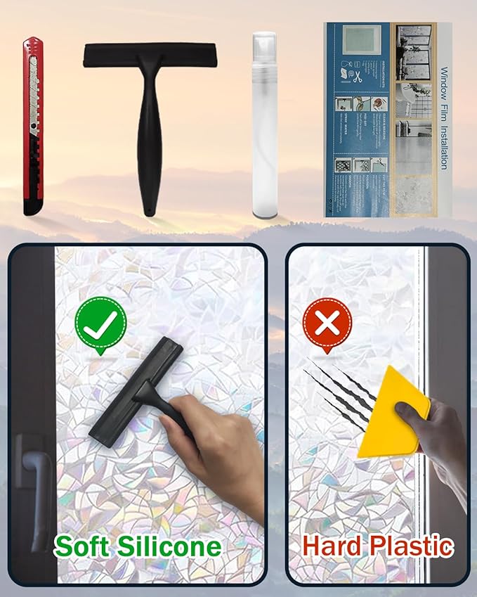 Rainbow Window Privacy Film with Installation Tools, 3D Decorative Vinyl, Stained Glass Decals, Removable, Peep-Proof, Static Cling, Heat Control (29.5 x 78.7 Inch)