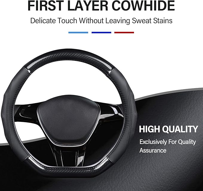 Ergocar Car Steering Wheel Cover Non-Slip Car Steering Wheel Protector Sport D-Shape Carbon Fiber & First Layer Cowhide Universal for Diameter 38cm(15") (D-Black-Blue)