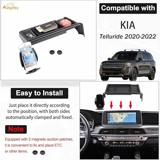 Aunginsy Center Console Dash Storage Tray with Phone Holder Compatible with Kia Telluride 2020-2022 Dashboard Storage Box Organizer Mobile Phone Mount Bracket Dash Storage Tray Interior Accessories