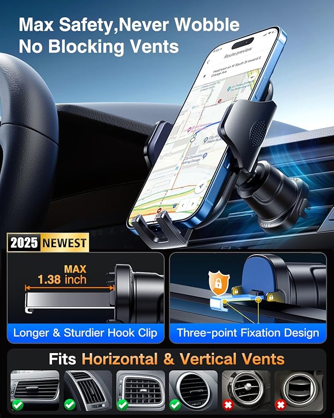 VANMASS BEST Phone Holders for Your Car Ultimate Military-Grade Car Phone Holder Mount【Patent & Safety Certs】Upgraded Shockproof Truck Air Vent Phone Mount for iPhone 17 Pro Max 16 15 Samsung Android