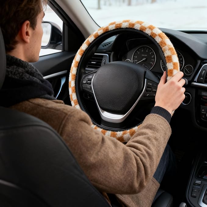 Yellow and White Checkered Fuzzy Steering Wheel Cover for Women, Universal Auto Steering Wheel 14-15 Inch Soft Warm Car Interior Accessories with 2PCS Car Coasters, Suitable for Men and Women