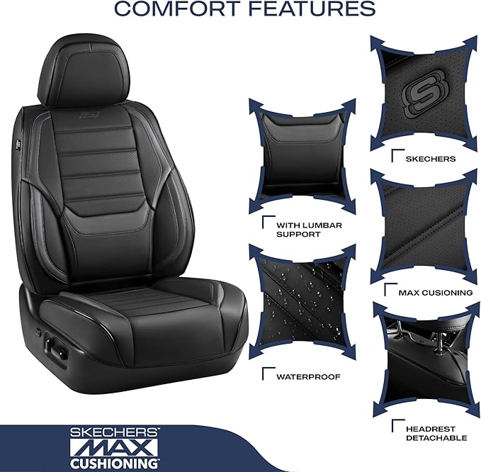 Skechers MAX Cushioning Seat Covers,Memory Foam Leather Car Seat Covers,Waterproof Car Seat Protector Front Seats,Car Seat Cushion Airbag Automotive Universal Fit for Most Cars,Vans,Trucks,SUV,Black