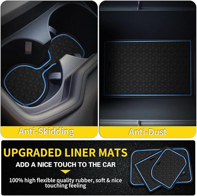 Premium Liner Mat Accessories Compatible with Toyota RAV4 2019-2024 and 2021-2024 RAV4 Prime, Custom Fit Cup Holder, Door Pocket and Center Console Inserts (Blue Trim, 14-PCS)