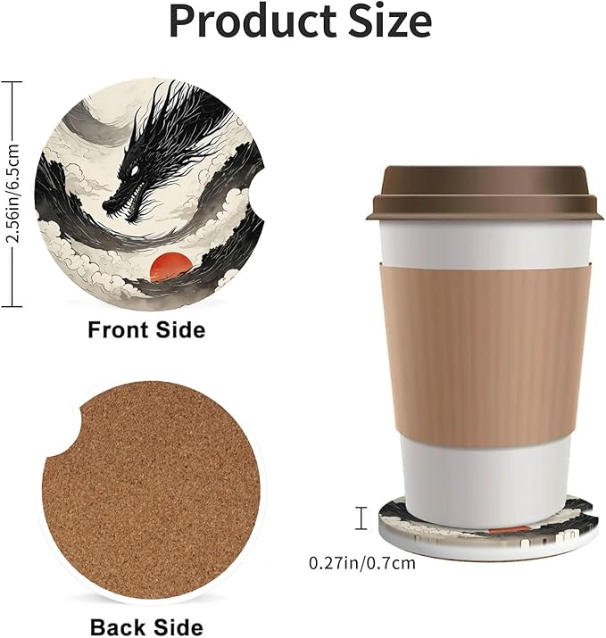 Absorbent Car Coasters for Cup Holders, 2 Pack Universal Anti Slip Ceramic Cup Coaster for Women Men 2.56 Inch Car Interior Accessories - Black Dragon 016