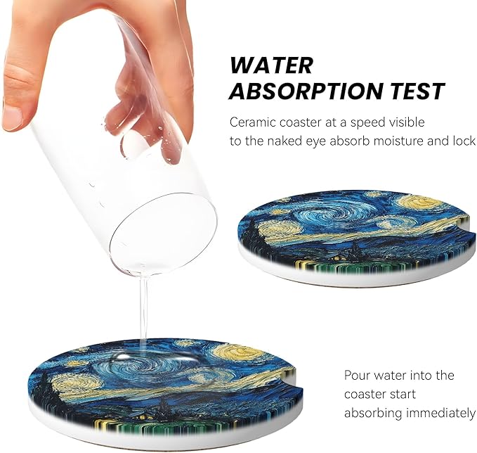 Absorbent Car Coasters for Cup Holders, 2 Pack Universal Anti Slip Ceramic Cup Coaster for Women Men 2.56 Inch Car Interior Accessories - Starry Sky 018