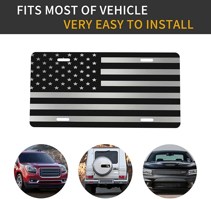 Black and Silver American Flag Front License Plate Aluminum Decorative License Plates Funny Metal Car Plate 6"X12" Novelty Vanity Tag Cover with 4 Holes Car Decor Accessory