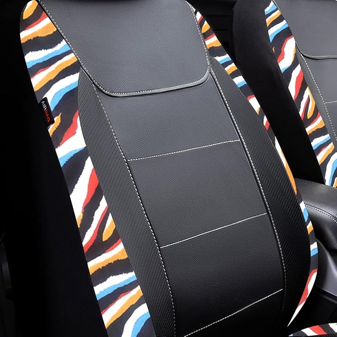 Flying Banner car seat Covers Protects Water Proof Faux Leather Carbon Fiber Fronts Rear Bench Covers (Muti-Color Zebra Black, Full Set - 8PCS)