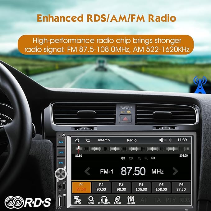 [Improved] 7'' Double Din Car Stereo with Upgraded Wireless Apple Carplay for IOS26 / Android Auto, 240W High Power with EQ, Bluetooth, RDS/FM/AM Touchscreen Radio, USB Type-C/AUX/TF, Backup Camera