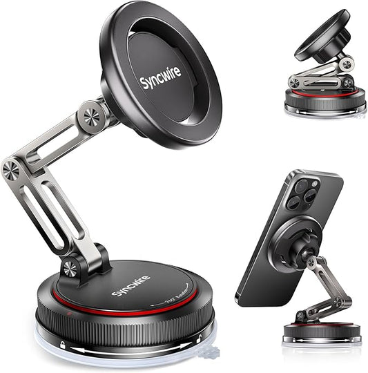 SYNCWIRE for MagSafe Car Mount [3-Axis] Nano Adhesive Gel + Strong Suction Cup Magnetic Phone Holder for Dashboard & Windshield, 360° Adjustable for iPhone 17 16 15 14 13 12, Samsung, Matte Black