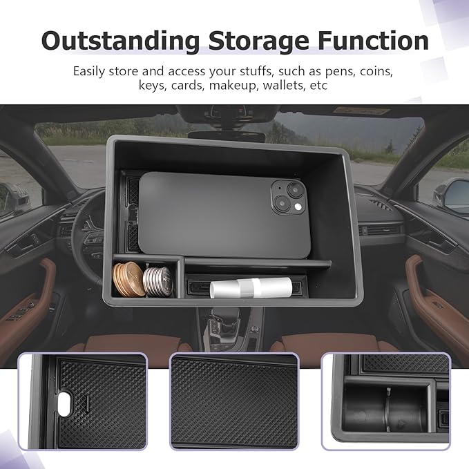 LUWU for 2019 2020 2021 2022 2023 2024 Audi Q3 Center Console Organizer 2024 2025 Audi Q3 Accessories 2024 2025 Audi Q3 F3 Armrest Console Organizer 2025 Q3 Audi Armrest Organizer Insert Tray (Black)