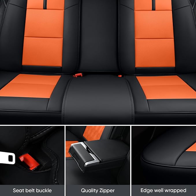 Auto Car Seat Covers Accessories Full Set Leather Cushion Protector Breathable Waterproof Seat Cover for Cars Universal Fit (Black&Orange, FullSet Without Headrest)