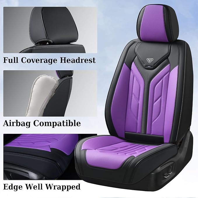 Coverado Front Seat Covers, Leather Seat Covers for Cars, Car Seat Covers Front Seats, Automotive Seat Covers Car Seat Protector Car Accessories Fit for Most Sedans SUV Pick-up Truck(Black&Purple)