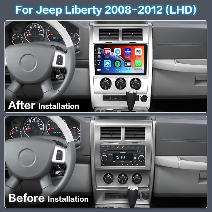 [2G+64G] Android 15 Car Stereo for Jeep Liberty 2008 2009 2010 2011 2012 with Wireless CarPlay Android Auto, 10 Inch HD Touchscreen with GPS WiFi Bluetooth FM/RDS Radio SWC Backup Camera MIC
