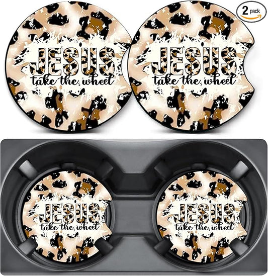 2 Pack Car Coasters for Cup Holders,Jesus Leopard Car Cup Holder Coasters,2.75" Universal Size Anti Slip Rubber Mat,Automotive Interior Accessories,Automotive Cup Holder Decal Decor for Women,Men
