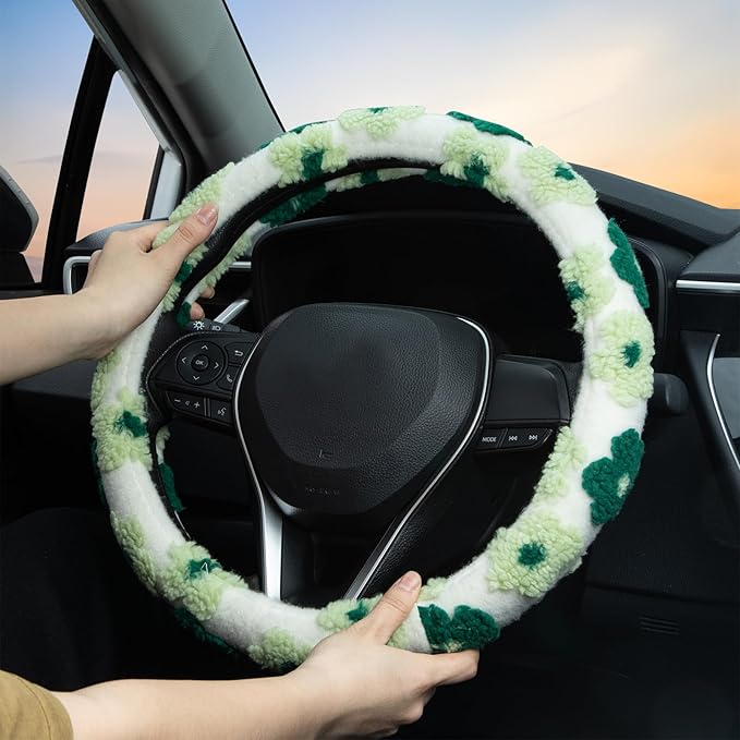 Green Plush Flowers Steering Wheel Cover Auto Jacquard Steering Wheel Protector, Anti-Slip, Breathable, Absorbing Sweat, Universal Car Accessories 14.5–15 inch,Fit for Most Car, Trucks, SUV