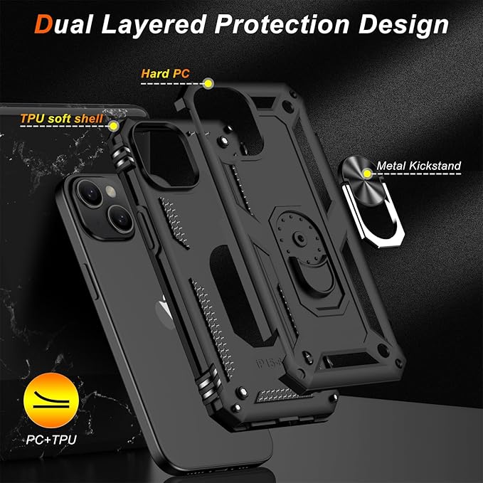 IKAZZ for iPhone 14 Plus Case 6.7 Inch with Screen Protector,Military Grade Shockproof Heavy Duty Protective Phone Cover Pass 16ft Drop Test with Magnetic Kickstand Car Mount Holder,Black