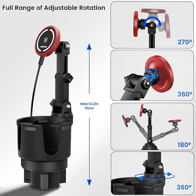 OHLPRO for MagSafe Car Charger Cup Holder Mount, 15W Fast Wireless Magnetic Charging Phone Holder for iPhone 16 15 14 13 12 Series, Adjustable Car Mount with Large Cup Base, One-Hand Operation