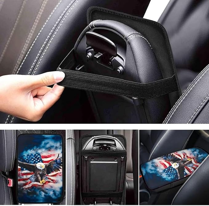 Armrest Cover-Cute Center Console Mat Cars Interior Accessories for Women Men,Protection Pad Fit Most Auto,Vehicle, SUV, Truck Arm Rest Box, Eagle with USA Flag