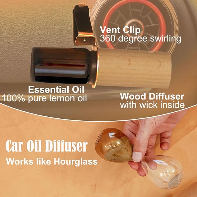 2-set Refillable Lemon Car Scent 60 Days’ Odor Fighting Non-toxic Strong Natural Fragrance, Vent Clip Wood Diffuser & Pure Essential Oils Auto Air Freshener (2x Beech Diffuser + 2x20ml Oil)