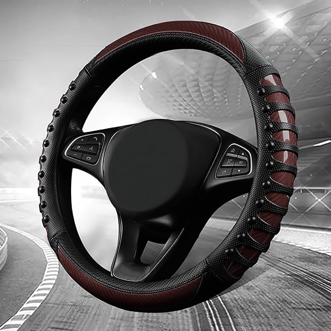 3D Massage Car Steering Wheel Cover,14.5-15 Inch Universal Brown Carbon Fibre Leather Covers Breathable Anti-Slip Odorless Steering Wheels Accessories for Men Women