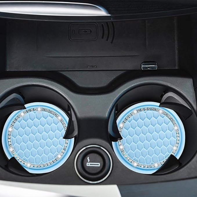 Amooca Car Cup Coaster 4 Pack Universal Non-Slip Cup Holders Insert Coasters Bling Crystal Rhinestone Car Interior Accessories Blue Grid