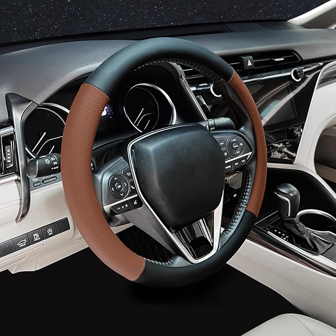 Steering Wheel Cover Standard Size 14.5-15 inch, Non-Slip Car Wheel Cover Protector, Breathable Microfiber Leather, Black and Ochre Brown