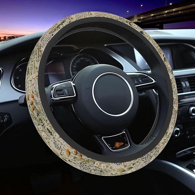 Steering Wheel Cover, Retro Wildflowers Flowers Steering Wheel Cover for Women Men Universal 15 Inch Steering Wheel Protector Fit Auto SUV Sedan Vans Trucks