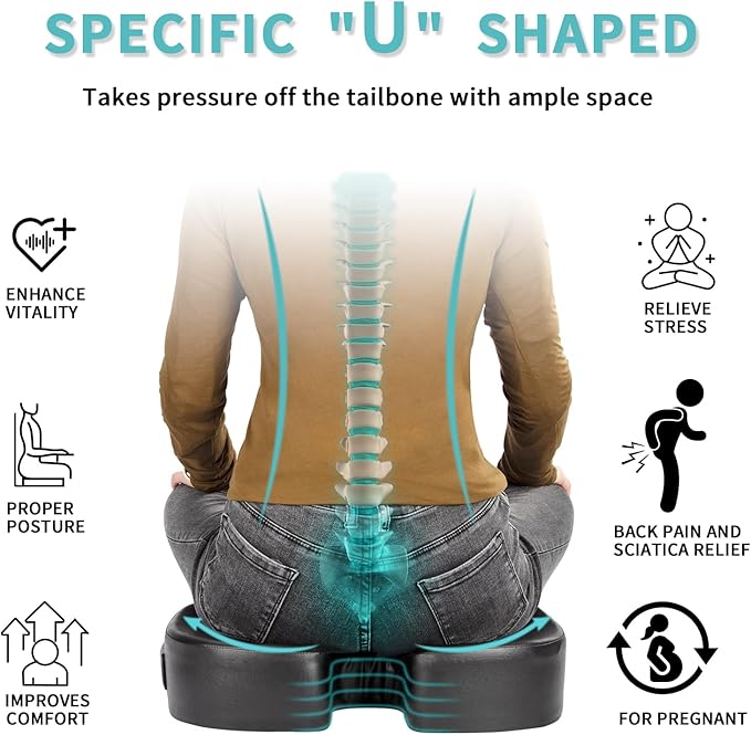 Luxury Seat Cushion, 4 Inch Extra Thick Memory Foam for Pressure Relief, Sciatica, Tailbone Pain & Back Pain Relief, Multi-Use for Bleachers, Car, Gaming, Office Chair (Black)