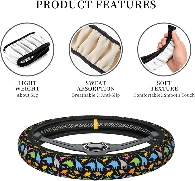 Dujiea Dinosaur Silhouette Elastic Stretch Steering Wheel Cover, Anti-Slip and Durable Car Steering Wheel Accessories for Women Men, 15 Inch Universal Fit Car, Truck, SUV
