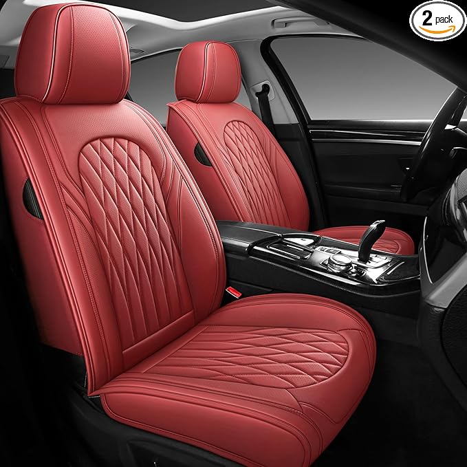WELLDO Car Seat Covers Front Seats, Leather Seat Covers for Cars, Front Car Seat Protector Waterproof, Non-Slip Car Interior Covers Universal Automotive Seat Covers for Most Vehicle, Burgundy