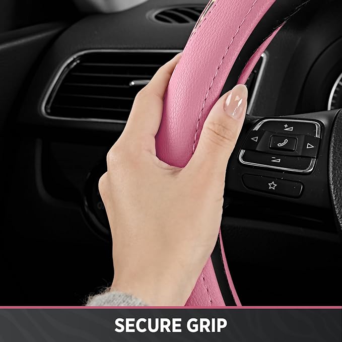 Road Comforts D-Type Steering Wheel Cover - Made with PVC Leather and Leopard Fabric - Universal Fit for 15-Inch D-Shaped Automotive Steering Wheels (Pink Color)