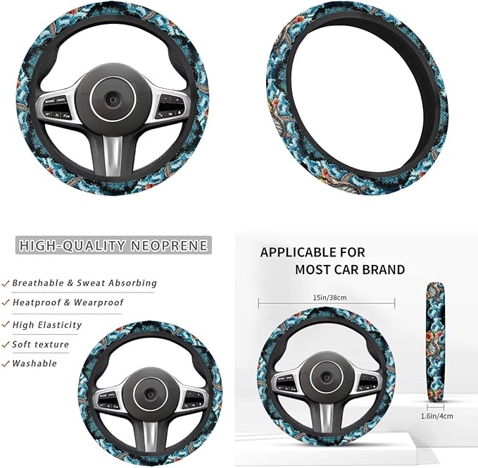 Boho Sea Turtle Car Accessories for Men Women Cute Steering Wheel Cover Flower Cup Coaster Handbrake Cover Fit Vehicles,Sedans, SUVs,Vans,Trucks 6 PCS