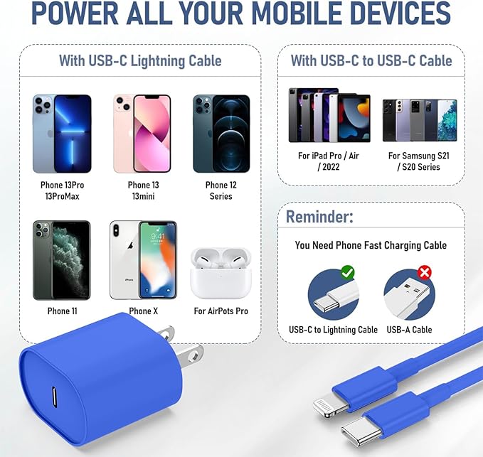 i Phone Charger Fast Charging 10 FT, 3-Pack 20W PD USB C Block with i Phone 14 13 Charger Cable 10 Foot, Compatible with iPhone 14 Pro 13Pro Max 12 11Pro Mini-Blue