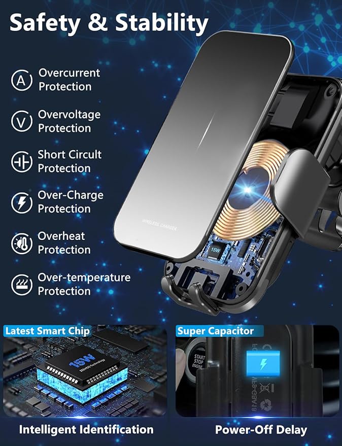 Wireless Car Charger for Samsung Galaxy Z Flip, 15W Charging [AUTO MOVING COIL], Dash Air Vent Auto-Clamping Car Phone Holder Charger Mount Wireless Charging for iPhone 17/16/15, Galaxy Z Flip 7/6/5/4