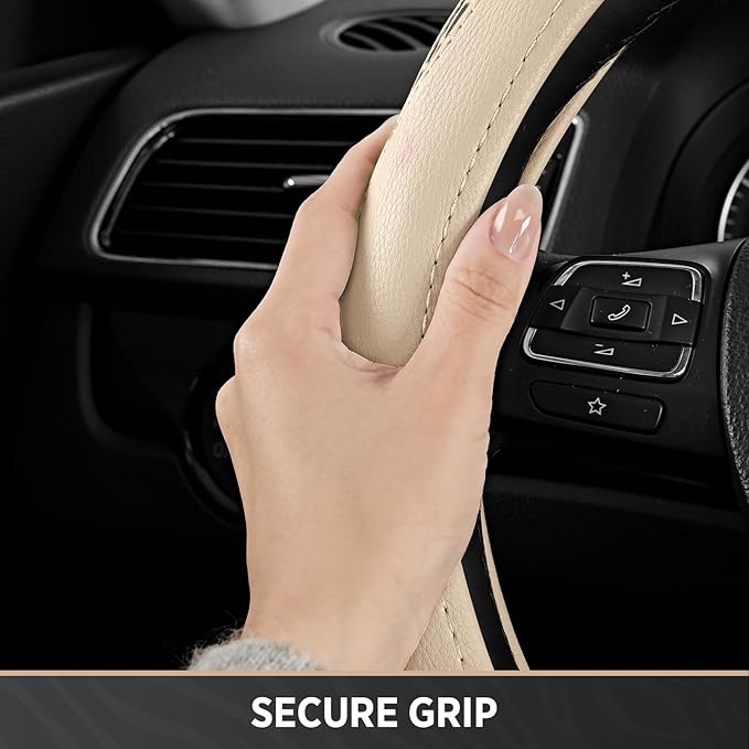 Road Comforts D-Type Steering Wheel Cover - Made with PVC Leather and Leopard Fabric - Universal Fit for 15-Inch D-Shaped Automotive Steering Wheels (Milky White)